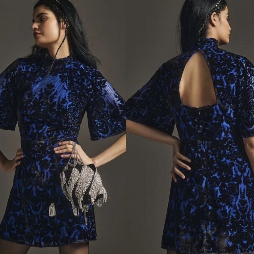 NWT Anthropologie Mock Neck Velvet Mini Dress 16 $180 Blue Black Open Back